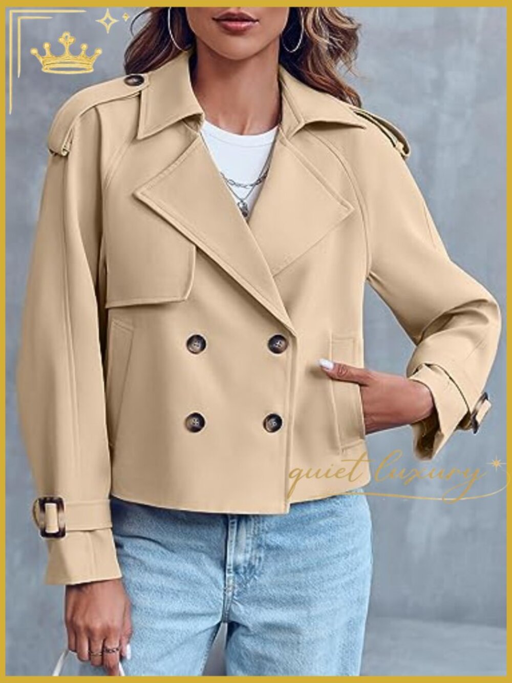 Crop Double Breasted Trench Coat with Pockets - Picture 3 of 7